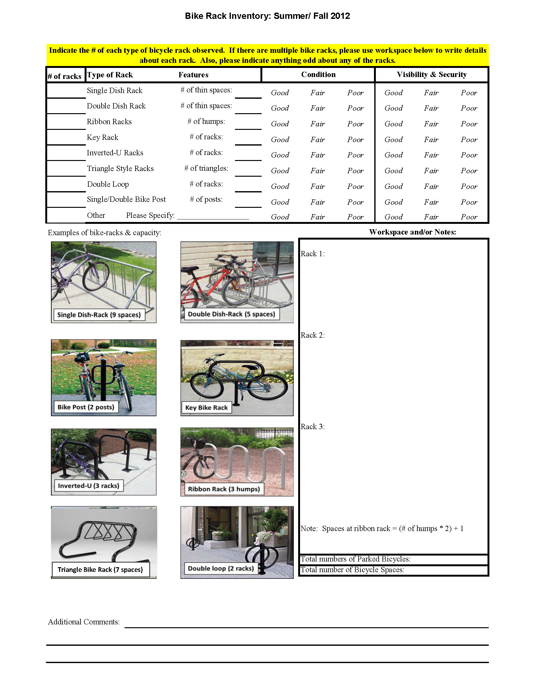 An image of the Bike Rack Inventory survey form. Page 2 of 2.